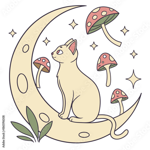 Delightful Dreamy Sphynx cat in a Fairy forest scene with sitting on a moon – Whimsy Woods vector illustration