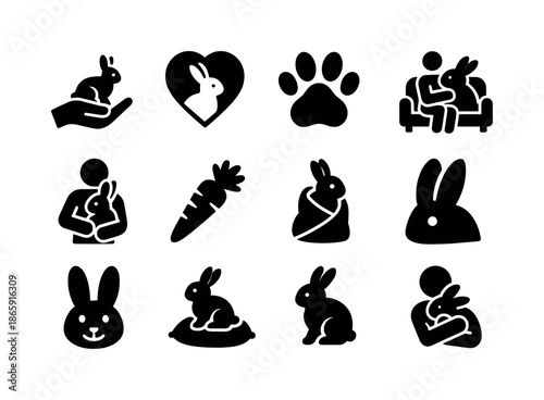 Pet Bonding Icons. Pet bonding. Solid icon set of pet bonding: hand, heart, rabbit, paw print, cuddle, sofa, carrot, blanket, ear, smile, cushion, hug. Filled
