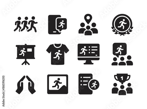 Running Community Icons. Running community. Solid icon set of Running community: group run icon, social feed, meetup icon, runner club badge, event board, team