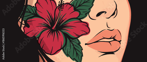 Beautiful woman's face with a red hibiscus flower in her hair, rendered in a pop art comic book style with bold black outlines and a halftone dot pattern for shading