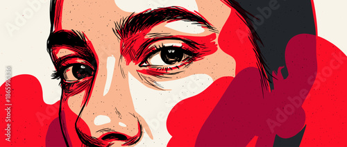 Graphic illustration of a woman's face with an intense gaze, rendered in a dramatic comic book style with bold red and black ink lines and a stippled texture