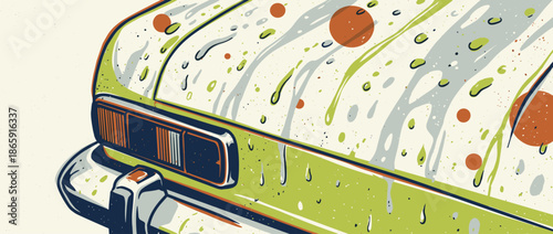 Vintage green classic car illustration shows a close-up of the headlight and wet hood with abstract rain drops and splatters in a retro graphic style