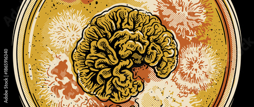 Stylized human brain illustration in a retro comic book style with bold outlines and halftone dots, representing creativity, intelligence, and the complexity of the human mind
