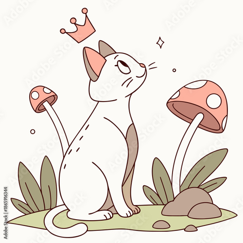 Whimsical Sphynx cat feeling Happy in a Fairy forest setting with with a tiny crown – colored in Whimsy Woods