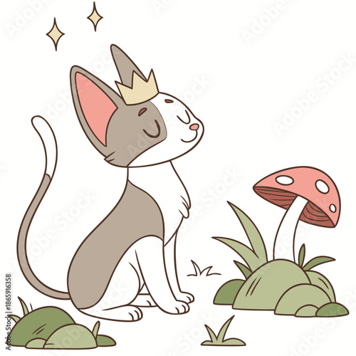 SVG art: A Joyful Sphynx cat in a Fairy forest vibe with with a tiny crown, tinted with Whimsy Woods tones