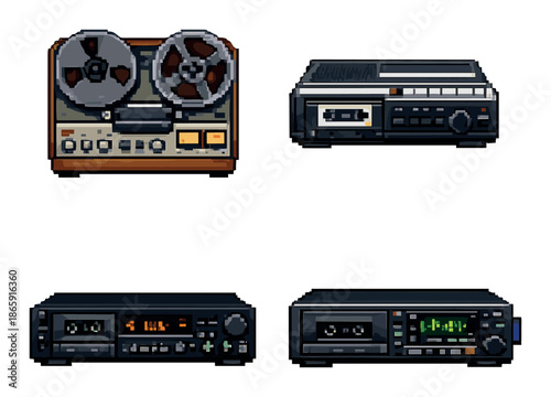 Retro audio equipment collection featuring vintage tape recorders and players