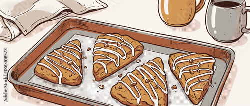 Four freshly baked triangular scones with white icing and chopped nuts on a baking tray, a cozy breakfast scene illustrated in a retro comic book style with bold outlines