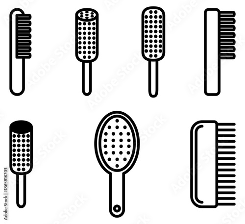 Collection of minimalist hairbrush and comb icons in black line art. Ideal for beauty salon branding, hair care guides, and professional grooming websites. Clean and modern vector set.