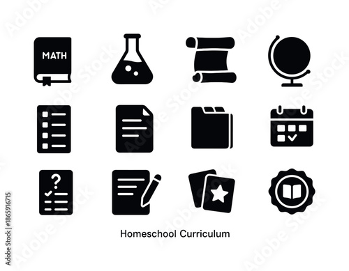 Homeschool Curriculum Icons. Homeschool Curriculum. Solid icon set of Homeschool Curriculum: math book, science beaker, history scroll, geography globe,