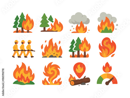 Vibrant Forest Fire Icons. Forest fire. Colorful flat vector icons set of forest fire: burning trees, spreading flame, smoke cloud, fire line crew, ground