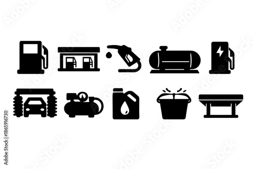 Set of fuel and car accessories icons in black silhouette