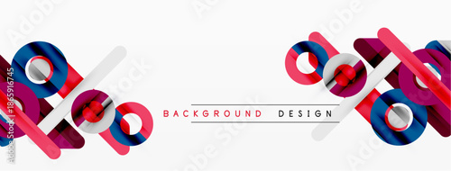 Abstract ribbons, geometric shapes create modern background. Red, blue elements contrast white space. Minimalist design feels dynamic, fresh.