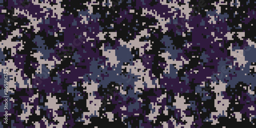 Abstract digital camouflage pattern in shades of purple, gray, and black.  Ideal for fashion, textiles, gaming, and militaryinspired designs.  The pixelated texture offers a modern, edgy aesthetic.