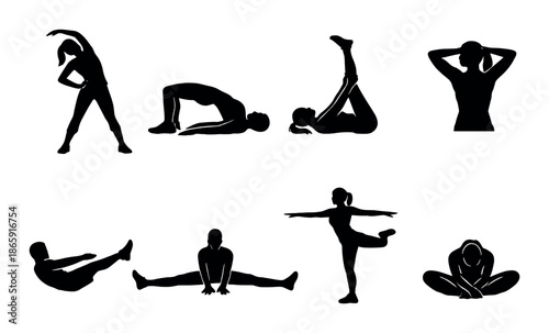Silhouettes of diverse yoga poses for relaxation and fitness balance