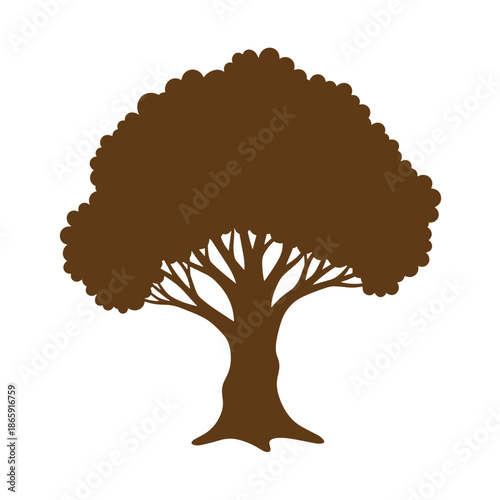 Brown tree silhouette with wide leafy canopy and exposed roots on white background