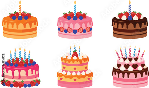 Birthday cake vector set with colorful layered desserts candles berries and chocolate decorations isolated on white