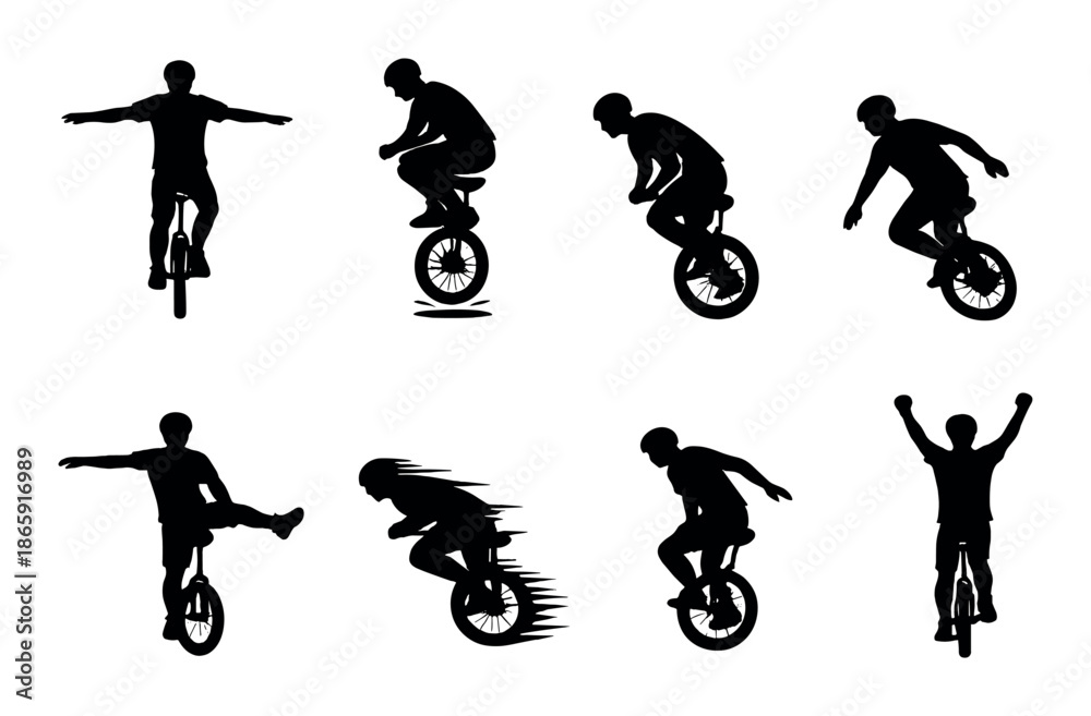 Fototapeta premium Bmx cycling stunts: silhouetted extreme sport poses and tricks