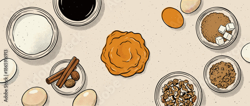 Baking ingredients for a homemade pastry recipe are arranged in a top-down flat lay, a retro comic book style illustration with dough, flour, eggs, and walnuts