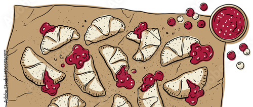 Hand-drawn illustration of homemade berry turnovers with sweet jam filling arranged on baking paper with a bowl of sauce in a rustic, graphic style