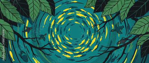 School of yellow and dark fish swims in a dynamic circular pattern in a vibrant pop art style illustration with birds and lush jungle leaves