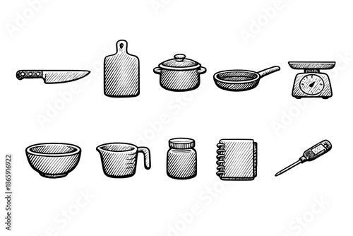 Hand-drawn kitchen utensil icons on textured gray background