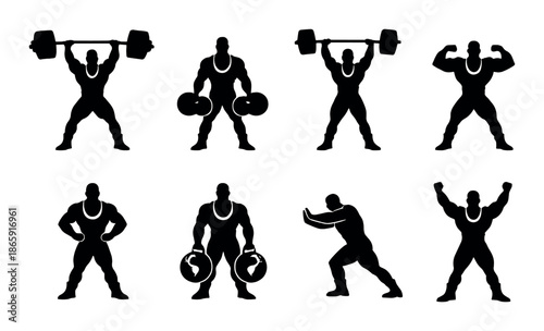 Silhouette of muscular men lifting weights in various poses