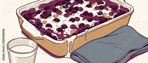 Delicious homemade berry cobbler dessert illustration in a baking dish with juicy blackberries and blueberries, served with a glass of milk in a cozy, retro graphic style