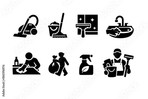 Set of black cleaning icons featuring various cleaning tools and activities