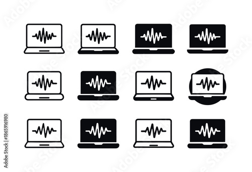 Video Editing Icons. Editing videos on a laptop. Icon set. Set Logo of editing videos on a laptop: audio waveform on screen. harmonious logo variations of the