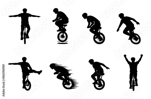 Bmx cycling stunts: silhouetted extreme sport poses and tricks