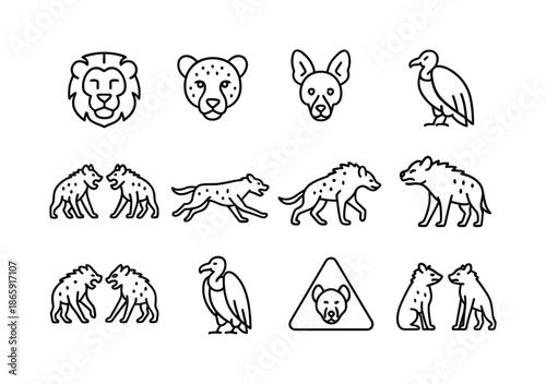 Predator Icons Grid. Hyenas and predators. Line icon set of Hyenas and predators: lion icon, leopard icon, wild dog icon, vulture icon, conflict icon, chase