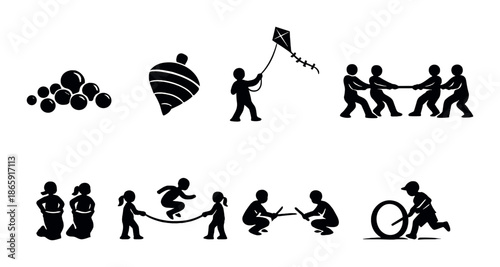 Traditional children’s games silhouettes – kite flying, tug of war, jump rope, marbles, tops