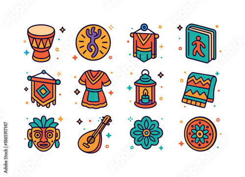Dance Tradition Icons. Dance Traditions. Colorful isometric vector icons set of Dance Traditions: ceremonial drum, ancestral symbol, cultural emblem, folklore