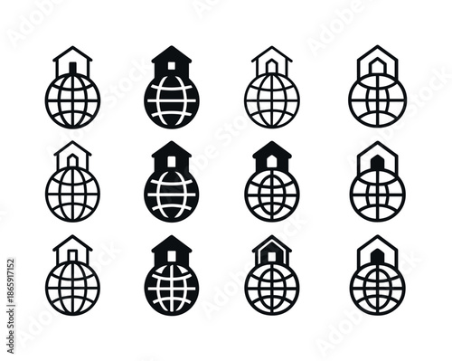 Tiny Travel Icons. Nomadic travel and tiny house tourism. Icon set. Set Logo of Nomadic travel and tiny house tourism: globe and tiny home. harmonious logo