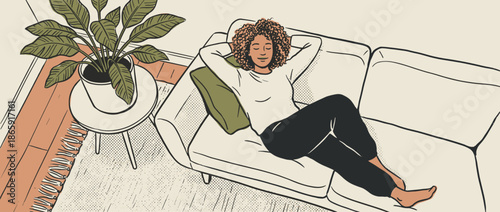 Relaxed young woman with curly hair rests peacefully on a comfortable sofa, her eyes closed in a moment of serene contemplation in a minimalist retro comic book illustration
