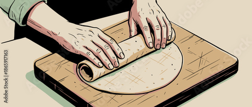 Detailed illustration of hands carefully rolling a tortilla flatbread on a wooden cutting board, showcasing the process of preparing homemade food in a graphic comic style