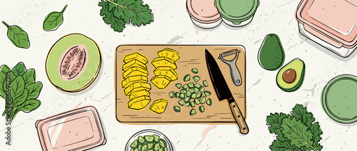 Hand-drawn illustration of healthy meal prep with a cutting board, chopped pineapple, avocado, kale, and spinach arranged with food containers in a flat lay composition