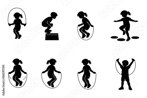 Silhouette of children jumping rope in various poses