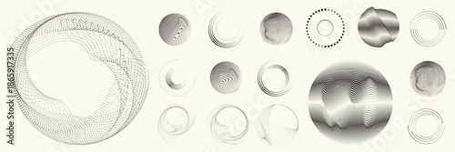 Linear, circular halftone dots circles set, dotted ring and spiral circle shapes for modern design, technology, or motion graphic backgrounds. Dotted round elements, radial spirals, and vortex.
