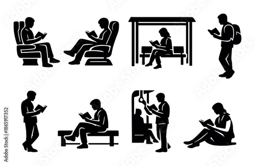 Silhouettes of people reading in various locations: travel, park, home, commute