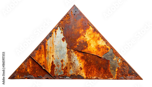 Triangle shape of corroded metal, rusty, riveted, and aged
