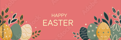 happy easter banner with decorated eggs and botanical leaves elegant vector illustration