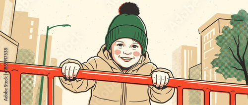 Happy smiling child in a green beanie and warm jacket holds onto a red railing in a city park on a cool day, depicted in a charming retro comic book illustration style
