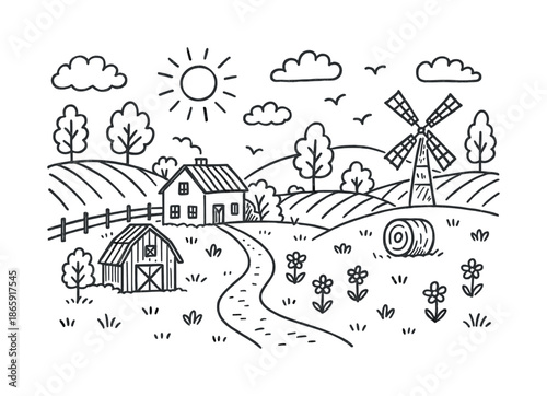 Countryside Doodle Scene. Countryside. Hand-drawn doodle illustration Countryside farmhouse, rolling hills, trees, sun, clouds, fence, barn, windmill, hay