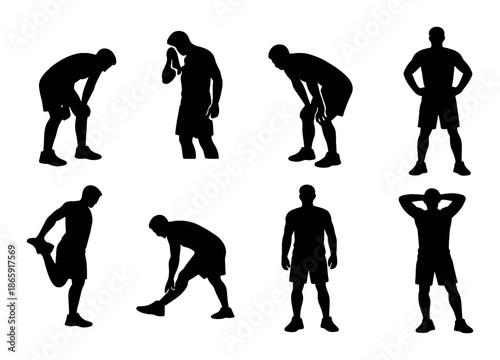 Silhouettes of exhausted male figures in various poses