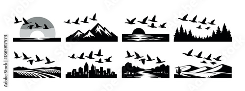 Silhouette landscape art: birds, mountains, sunsets, forests, waves, cityscapes
