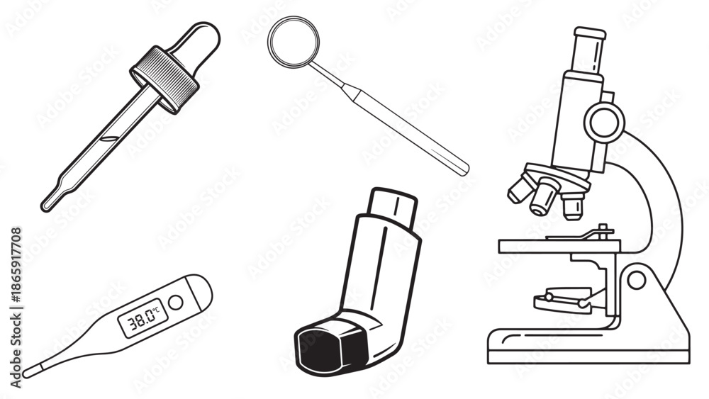Obraz premium Comprehensive medical and scientific tool collection including a microscope and inhaler for pharmaceutical research and professional healthcare diagnostic business services.