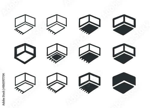 Rug Placement Icons. Placing a rug in the center of the room. Icon set. Set Logo of Placing a rug in the center of the room: rug edges. harmonious logo