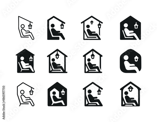 Porch Relaxation Iconography. Relaxing on porch. Icon set. Set Logo of relaxing on porch: Outdoor lantern. harmonious logo variations of the same emblematic