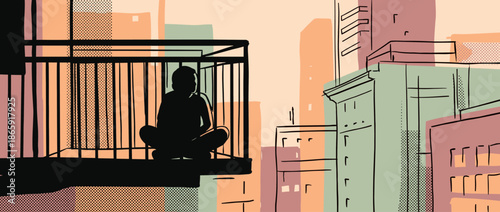 Person's black silhouette sits cross-legged on an urban balcony, a serene illustration depicting mindfulness and solitude amidst a stylized cityscape with a halftone texture
